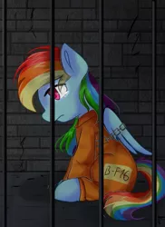 Size: 985x1351 | Tagged: artist:whiskyice, b-f16, bound wings, cell, chains, clothes, derpibooru import, jail, never doubt rainbowdash69's involvement, prison, prisoner rd, prison outfit, rainbow dash, sad, safe, solo, wings