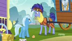 Size: 1920x1080 | Tagged: safe, derpibooru import, screencap, hoo'far, trixie, pony, saddle arabian, unicorn, road to friendship, duo, eye contact, female, hoo'far's wagon, looking at each other, male, mare, smiling, stallion, trixie's wagon