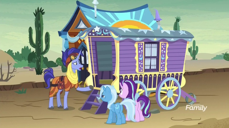 Size: 1920x1080 | Tagged: safe, derpibooru import, screencap, hoo'far, starlight glimmer, trixie, pony, saddle arabian, unicorn, road to friendship, cactus, desert, discovery family logo, female, hoo'far's wagon, male, mare, road, saguaro cactus, stallion, trio, trixie's wagon, wagon