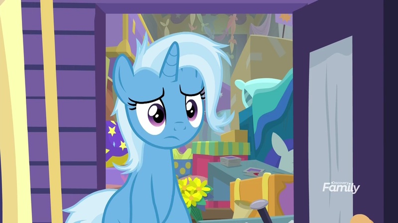 Size: 1920x1080 | Tagged: safe, derpibooru import, screencap, trixie, pony, unicorn, road to friendship, discovery family logo, female, mare, messy mane, solo, trixie's wagon