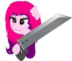 Size: 2045x1731 | Tagged: buster sword, clothes, cute, derpibooru import, hoodie, oc, oc:blade keeper, pink eyes, safe, she's not edgy she's adorable, simple background, solo, sword, transparent background, two toned mane, unofficial characters only, weapon