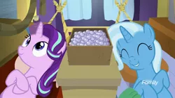 Size: 1920x1080 | Tagged: safe, derpibooru import, screencap, starlight glimmer, trixie, pony, unicorn, road to friendship, discovery family logo, duo, female, hammock, mare, on back, smiling, trixie's wagon
