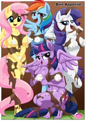 Size: 1200x1697 | Tagged: suggestive, artist:bbmbbf, derpibooru import, fluttershy, rainbow dash, rarity, twilight sparkle, twilight sparkle (alicorn), alicorn, anthro, bat pony, plantigrade anthro, comic:an apple's core is always hardcore, equestria untamed, arm behind head, barefoot, beckoning, big breasts, breast fondling, breast grab, breasts, busty fluttershy, busty rainbow dash, busty rarity, busty twilight sparkle, chocolate syrup, come hither, comic, feet, female, flutterbat, food, foodplay, grope, implied flutterspike, implied rainbowspike, implied shipping, implied sparity, implied straight, implied twispike, nudity, palcomix, race swap, squatting, strategically covered, wet and messy, whipped cream