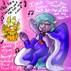 Size: 920x920 | Tagged: safe, artist:lildooks, derpibooru import, oc, oc:dipsy, oc:iona, ponified, pony, butterfly wings, cape, clothes, danny don't you know, danny sexbang, derp, encouragement, explicit source, glasses, happy, inkbunny, lyrics, ninja sex party, singing, song reference, spandex, text, wings