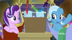 Size: 1920x1080 | Tagged: safe, derpibooru import, screencap, starlight glimmer, trixie, pony, unicorn, road to friendship, discovery family logo, duo, female, flower, hammock, mare, smiling, trixie's wagon