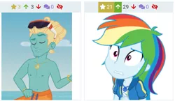 Size: 719x418 | Tagged: safe, artist:sketchmcreations, derpibooru import, rainbow dash, zephyr breeze, derpibooru, blue crushed, equestria girls, equestria girls series, rollercoaster of friendship, clothes, eyes closed, female, geode of super speed, juxtaposition, magical geodes, male, meta, nervous, partial nudity, smiling, sunglasses, sweat, sweatdrop, topless