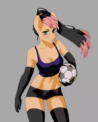 Size: 2800x3500 | Tagged: suggestive, artist:tyfeve, derpibooru import, oc, oc:bärmey jäçar, unofficial characters only, anthro, anthro oc, belly button, bra, breasts, clothes, commission, digital art, female, football, gloves, gray background, grin, hairband, high res, image, jpeg, looking at you, midriff, ponytail, shorts, signature, simple background, smiling, soccer player, solo, sports, underwear, ych result