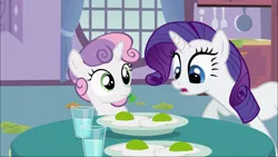 Size: 1920x1080 | Tagged: safe, derpibooru import, edit, edited screencap, screencap, rarity, sweetie belle, pony, unicorn, sisterhooves social, dr. seuss, duo, egg (food), female, filly, food, fried egg, green eggs and ham, mare, siblings, sisters