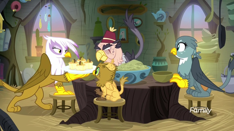 Size: 1920x1080 | Tagged: safe, derpibooru import, screencap, gabby, gilda, grampa gruff, grizzle, gryphon, the hearth's warming club, blind eye, blue moon festival, chickub, eye scar, female, griffon scone, male, scar, table, tree stump