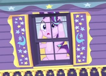 Size: 340x245 | Tagged: safe, derpibooru import, screencap, starlight glimmer, pony, unicorn, road to friendship, female, mare, predicament, solo, stuck, trixie's wagon