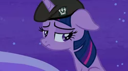 Size: 1280x716 | Tagged: alicorn, artist:cocopommel, beret, derpibooru import, edit, edited screencap, hat, military, sad, safe, screencap, twilight sparkle, twilight sparkle (alicorn)