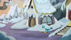 Size: 1920x1080 | Tagged: safe, derpibooru import, screencap, gallus, gryphon, the hearth's warming club, blue moon festival, discovery family logo, griffonstone, lonely, sad, snow, solo, woobie