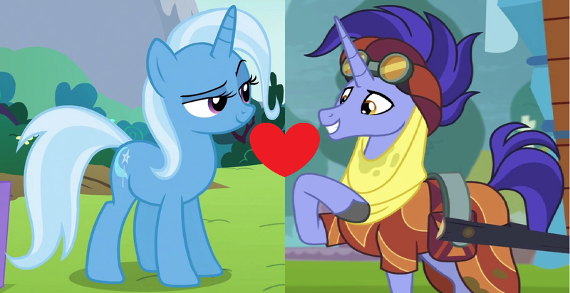 Size: 1372x706 | Tagged: safe, derpibooru import, edit, edited screencap, screencap, hoo'far, trixie, pony, saddle arabian, unicorn, road to friendship, female, male, mare, shipping, shipping domino, stallion, straight, trixfar