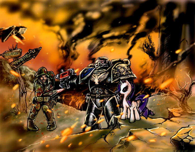 Size: 3450x2700 | Tagged: artist:poniesofthekeene, bolter, crossover, derpibooru import, grimdark, gun, human, rarity, space marine, war, warhammer 40k, warhammer (game), weapon