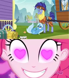 Size: 852x955 | Tagged: safe, artist:themexicanpunisher, derpibooru import, screencap, hoo'far, pinkie pie, trixie, pony, saddle arabian, unicorn, coinky-dink world, eqg summertime shorts, equestria girls, road to friendship, female, heart eyes, male, mare, on back, shipper on deck, shipper pie, shipping, stallion, straight, trixfar, wingding eyes