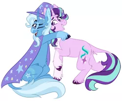Size: 738x613 | Tagged: safe, artist:wanderingpegasus, derpibooru import, starlight glimmer, trixie, classical unicorn, pony, unicorn, blaze (coat marking), cloven hooves, curved horn, female, happy, horn, hug, leonine tail, lesbian, mare, shipping, simple background, smiling, socks (coat marking), startrix, unshorn fetlocks, white background