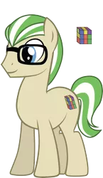 Size: 1718x2972 | Tagged: safe, artist:duskthebatpack, derpibooru import, oc, oc:enigma, unofficial characters only, earth pony, pony, glasses, male, rubik's cube, simple background, smiling, solo, stallion, standing, transparent background, vector