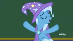 Size: 1920x1080 | Tagged: safe, derpibooru import, screencap, trixie, pony, unicorn, a matter of principals, cape, clothes, discovery family logo, female, hat, mare, solo, trixie's cape, trixie's hat