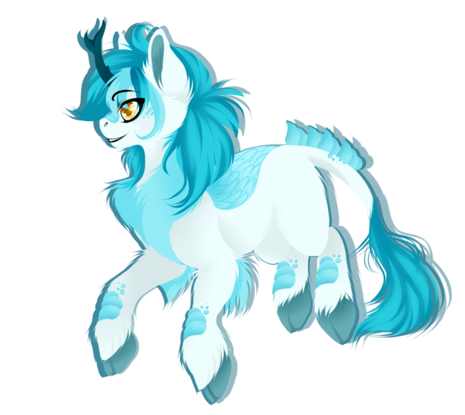 Size: 1082x966 | Tagged: safe, artist:requiem♥, derpibooru import, oc, unofficial characters only, kirin, adoptable, blue fur, blue mane, blue tail, cheek fluff, chest fluff, ear fluff, fluffy, hooves, horn, long tail, simple background, solo, transparent background, yellow eyes
