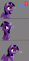 Size: 1000x2088 | Tagged: safe, artist:bloodatius, derpibooru import, edit, editor:twitchyylive, twilight sparkle, twilight sparkle (alicorn), alicorn, pony, comic, confused, discord (program), exclamation point, female, floppy ears, frown, gray background, looking back, mare, meme, notification, pointing, raised hoof, simple background, sitting, solo, spread wings, surprised, wide eyes, wings