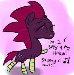 Size: 923x943 | Tagged: artist:artiks, clothes, derpibooru import, i'm too sexy, open mouth, right said fred, safe, simple background, singing, socks, solo, song reference, striped socks, tempest shadow