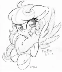 Size: 1592x1857 | Tagged: safe, artist:zemer, derpibooru import, oc, oc:feather belle, pegasus, pony, :p, chest fluff, cuffs (clothes), cute, female, fluffy, mare, monochrome, silly, solo, text, tongue out