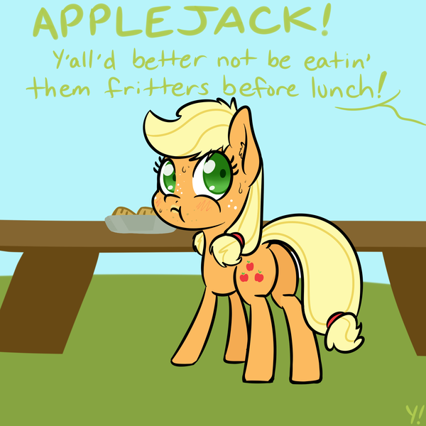 Size: 2000x2000 | Tagged: safe, artist:yakoshi, derpibooru import, applejack, earth pony, pony, :t, apple fritter (food), atg 2018, butt, caught, cute, eating, female, filly, food, grammar error, implied granny smith, jackabetes, looking back, nervous, newbie artist training grounds, offscreen character, plot, shrunken pupils, solo, sweat, table, text, this will end in grounding