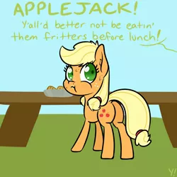 Size: 2000x2000 | Tagged: safe, artist:yakoshi, derpibooru import, applejack, earth pony, pony, :t, apple fritter (food), atg 2018, butt, caught, cute, eating, female, filly, food, grammar error, implied granny smith, jackabetes, looking back, nervous, newbie artist training grounds, offscreen character, plot, shrunken pupils, solo, sweat, table, text, this will end in grounding
