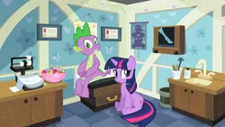 Size: 1280x720 | Tagged: safe, derpibooru import, screencap, spike, twilight sparkle, dragon, pony, unicorn, secret of my excess, anatomy, anatomy chart, bowl, candy, chart, diploma, doctor's office, duo, female, food, greed spike, lollipop, male, mare, scale, sink, sitting, tongue depressor, unicorn twilight, whistling, worried, x-ray, x-ray picture