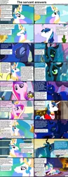 Size: 1282x3304 | Tagged: safe, derpibooru import, princess cadance, princess celestia, princess luna, queen chrysalis, shining armor, alicorn, changeling, changeling queen, pony, unicorn, comic:celestia's servant interview, caption, comic, female, interview