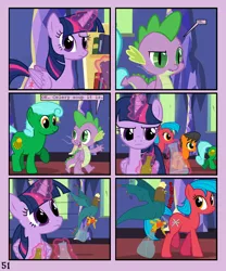 Size: 900x1080 | Tagged: safe, artist:lister-of-smeg, derpibooru import, spike, twilight sparkle, twilight sparkle (alicorn), oc, oc:crosspatch, oc:lazybug, oc:scavenger (lister-of-smeg), oc:winter squash, alicorn, cockatrice, earth pony, pony, comic:crystal heart attack, book, bottle, colt, comic, female, magic, male, mare