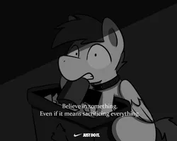 Size: 1280x1024 | Tagged: safe, artist:sugar morning, derpibooru import, oc, oc:slipstream, unofficial characters only, dog, dog pony, pegasus, pony, b&w, believe in something, black and white, boofy, collar, digging, digging through trash, grayscale, male, meme, monochrome, nike, nike meme, sitting, solo, spiked collar, stallion, surprised, trash