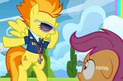 Size: 1622x1079 | Tagged: safe, derpibooru import, screencap, scootaloo, spitfire, pegasus, pony, the washouts (episode), clothes, cropped, discovery family logo, female, filly, floppy ears, flying, mare, sunglasses, uniform, whistle, wonderbolts dress uniform, wonderbolts headquarters