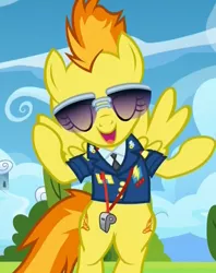 Size: 854x1079 | Tagged: safe, derpibooru import, screencap, spitfire, pegasus, pony, the washouts (episode), both cutie marks, clothes, cropped, cute, eyes closed, female, flying, mare, shrug, solo, sunglasses, uniform, whistle, wonderbolts dress uniform, wonderbolts headquarters