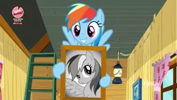 Size: 1920x1080 | Tagged: safe, derpibooru import, screencap, rainbow dash, pegasus, pony, the washouts (episode), baking it like buddy, bust, clubhouse, crusaders clubhouse, curtains, discovery family logo, female, flying, framed picture, lantern, looking at you, mare, portrait, smiling, solo