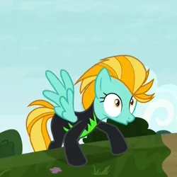 Size: 964x964 | Tagged: safe, derpibooru import, screencap, lightning dust, pegasus, pony, the washouts (episode), clothes, cropped, crouching, female, mare, rekt, shocked, spread wings, uniform, washouts uniform, wide eyes, wings