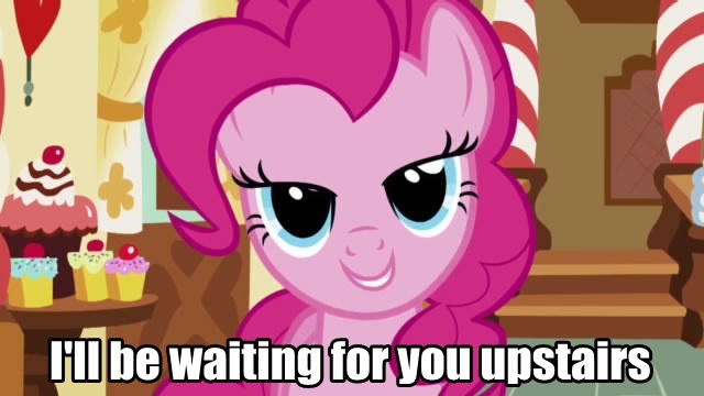 Size: 640x360 | Tagged: safe, derpibooru import, edit, edited screencap, screencap, pinkie pie, earth pony, pony, bedroom eyes, bronybait, caption, female, i'll be waiting for you upstairs, image macro, looking at you, mare, solo, text