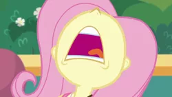 Size: 1920x1080 | Tagged: safe, derpibooru import, screencap, fluttershy, equestria girls, equestria girls series, rollercoaster of friendship, aaugh!, close-up, nose in the air, screaming, solo, volumetric mouth