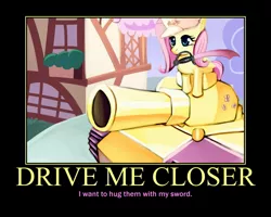 Size: 750x600 | Tagged: derpibooru import, drive me closer, fluttershy, hug, meme, motivator, ponibooru import, safe, sword, tank (vehicle), warhammer 40k, warhammer (game), weapon