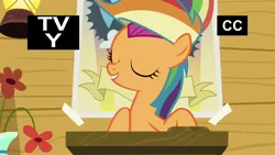 Size: 1920x1080 | Tagged: safe, derpibooru import, screencap, scootaloo, pony, the washouts (episode), clothes, eyes closed, female, filly, foal, rainbow dash fanclub, rainbow wig, shirt, solo, t-shirt, tv rating, tv-y, wig