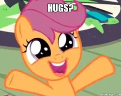 Size: 600x474 | Tagged: caption, cute, cutealoo, derpibooru import, edit, edited screencap, hug request, image macro, meme, safe, scootaloo, screencap, text, the washouts (episode)