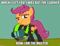 Size: 960x742 | Tagged: safe, derpibooru import, edit, edited screencap, screencap, scootaloo, pegasus, pony, the washouts (episode), caption, clothes, dark side, darth vader, female, filly, foal, helmet, image macro, meme, pint-sized dynamite, raised eyebrow, smiling, smirk, star wars, text, traitorloo, uniform, washouts uniform