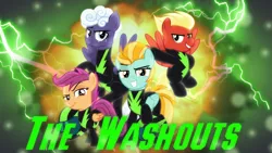 Size: 1600x900 | Tagged: safe, artist:sailortrekkie92, derpibooru import, lightning dust, rolling thunder, scootaloo, short fuse, pegasus, pony, the washouts (episode), abstract background, clothes, eye scar, female, filly, foal, lightning, male, mare, quartet, scar, stallion, the washouts, uniform, washouts uniform