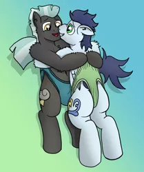 Size: 3024x3615 | Tagged: suggestive, artist:tacomytaco, derpibooru import, soarin', thunderlane, pegasus, pony, belly button, bipedal, briefs, chest fluff, clothes, gay, gradient background, hug, male, males only, shipping, soarilane, underwear, wedgie