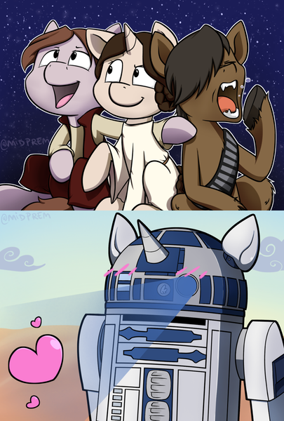 Size: 1024x1516 | Tagged: safe, artist:midnightpremiere, derpibooru import, ponified, earth pony, pony, robot, unicorn, twilight sparkle's secret shipfic folder, astromech droid, blushing, chewbacca, crossover, fangs, female, han solo, heart, image, male, mare, open mouth, open smile, png, princess leia, projector, r2-d2, smiling, stallion, star wars, yawn