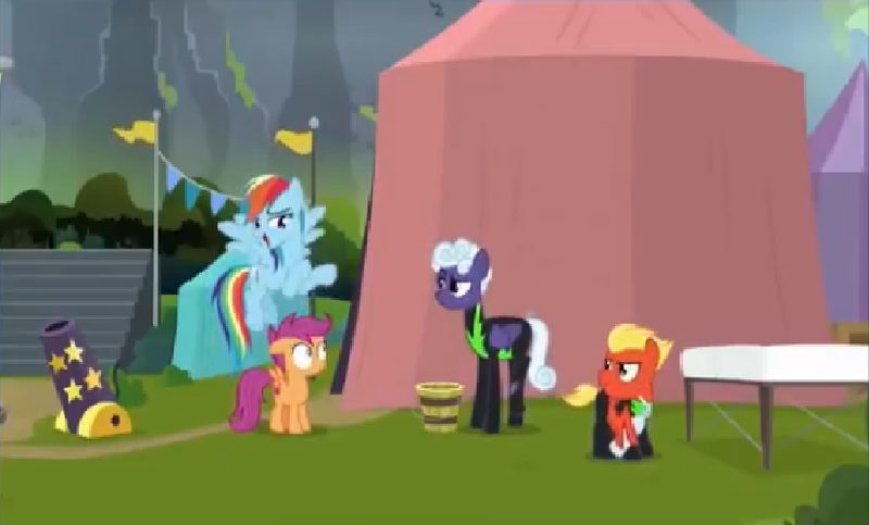 Size: 827x499 | Tagged: bleachers, bucket, cannon, clothes, derpibooru import, outdoors, rainbow dash, rolling thunder, safe, scootaloo, screencap, short fuse, table, tent, the washouts, the washouts (episode), uniform, washouts uniform, water bottle