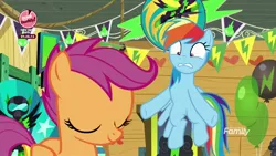 Size: 1920x1080 | Tagged: safe, derpibooru import, screencap, rainbow dash, scootaloo, pony, the washouts (episode), balloon, discovery family logo, eyes closed