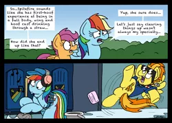 Size: 2267x1622 | Tagged: safe, artist:bobthedalek, derpibooru import, rainbow dash, scootaloo, spitfire, pegasus, pony, the washouts (episode), bucket, cap, clothes, comic, dropping the soap, female, filly, foal, full body wing and hoof cast drinking through a straw, hat, headphones, locker room, mare, misspelling, mop, slipping, soap, sunglasses, this ended in pain, uniform, walkman, whistle, whistling, wonderbolts dress uniform