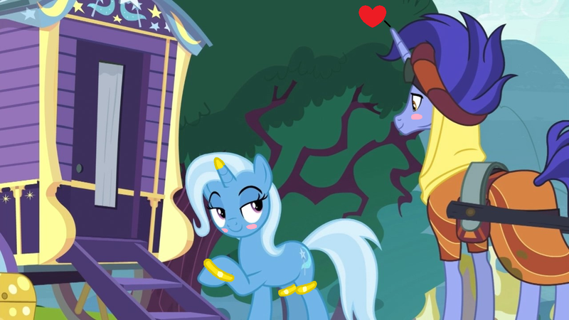 Size: 1280x720 | Tagged: safe, artist:themexicanpunisher, derpibooru import, edit, edited screencap, screencap, hoo'far, trixie, genie, pony, saddle arabian, unicorn, road to friendship, blush sticker, blushing, female, male, mare, shipping, stallion, straight, trixfar, trixie's wagon