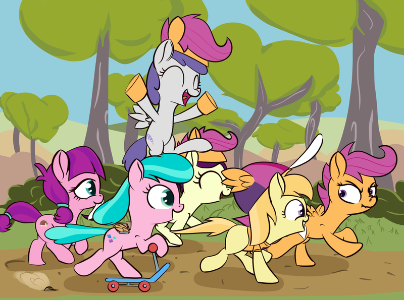 Size: 1668x1241 | Tagged: safe, artist:foal, derpibooru import, aquamarine, boysenberry, lily longsocks, noi, scootaloo, tornado bolt, earth pony, pegasus, pony, the washouts (episode), /mlp/, chase, fake wings, fans, female, filly, scootaloo fanclub, scootaloo gear, scootaloo hat, scooter, scrunchy face